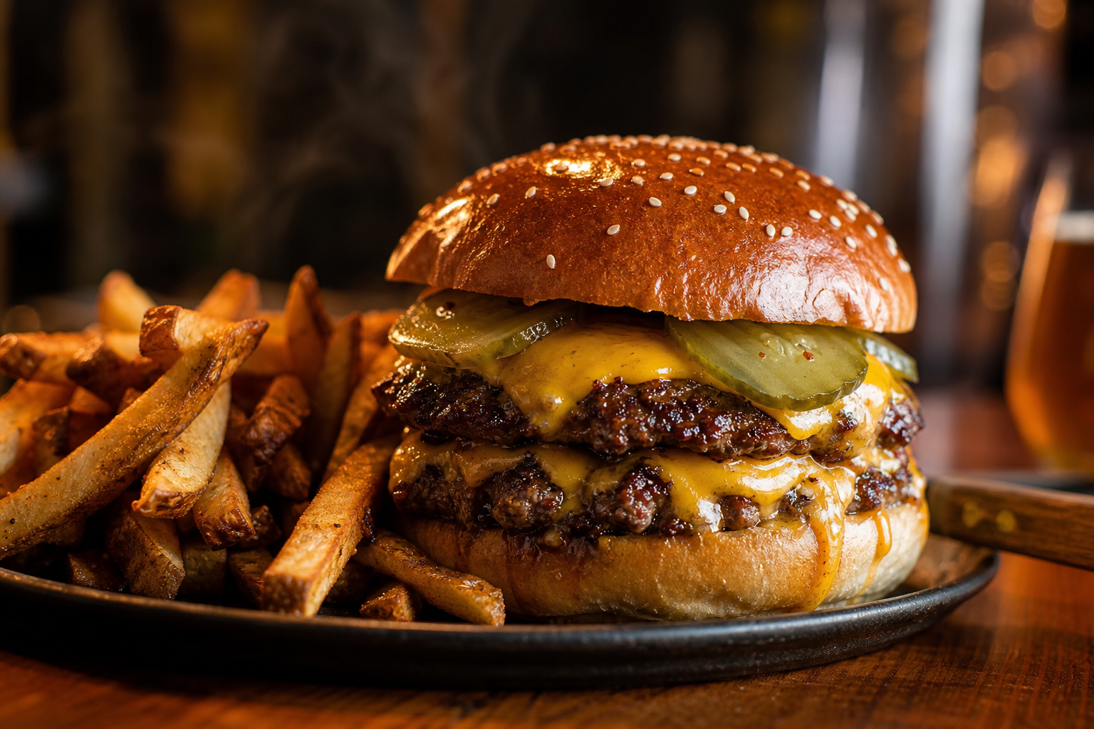 Double stack burger with cheddar, pickles, and fries