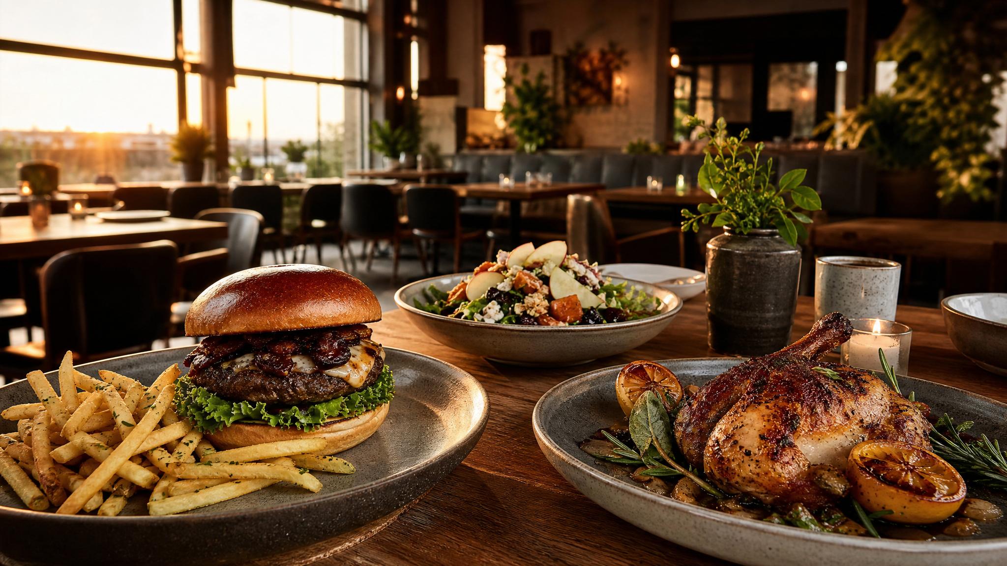 Casual dining table with a burger, fries, greens, and share plates