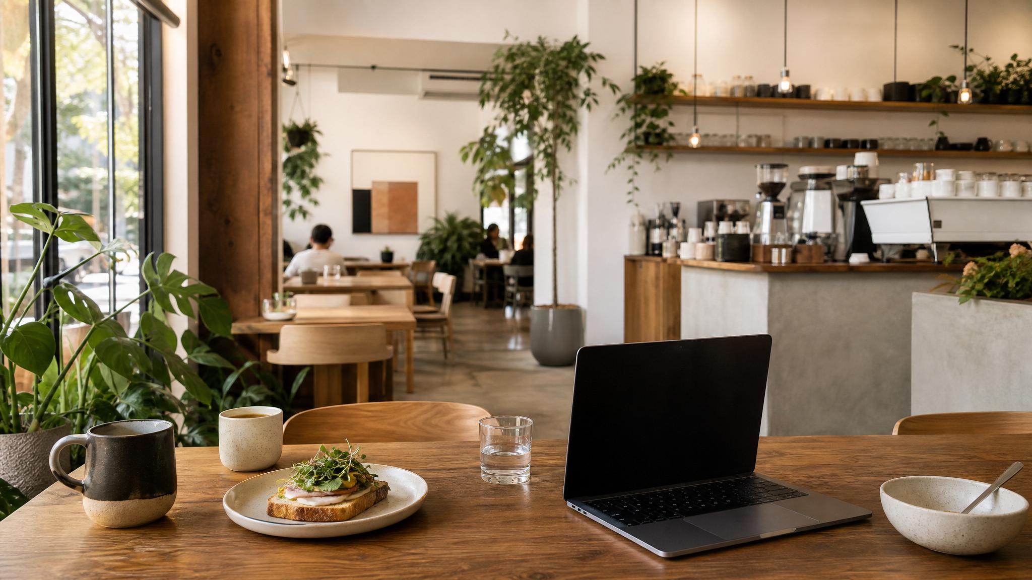 Bright café table with specialty coffee and breakfast plates