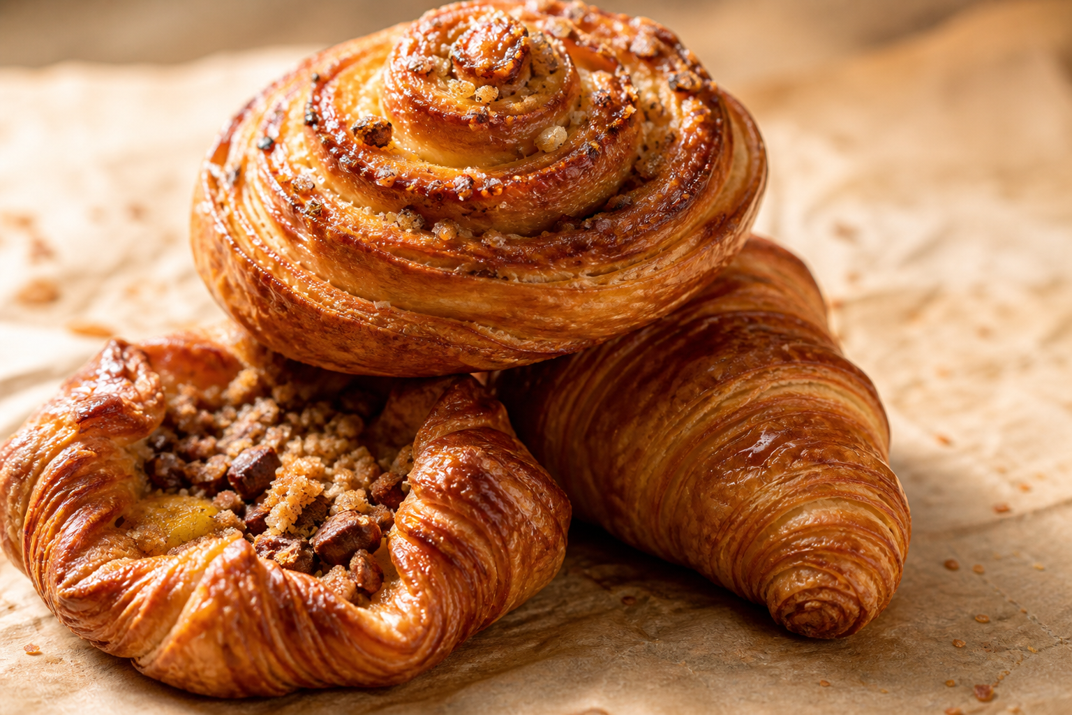 Fresh morning pastries—buns, croissants, and laminated pastry.