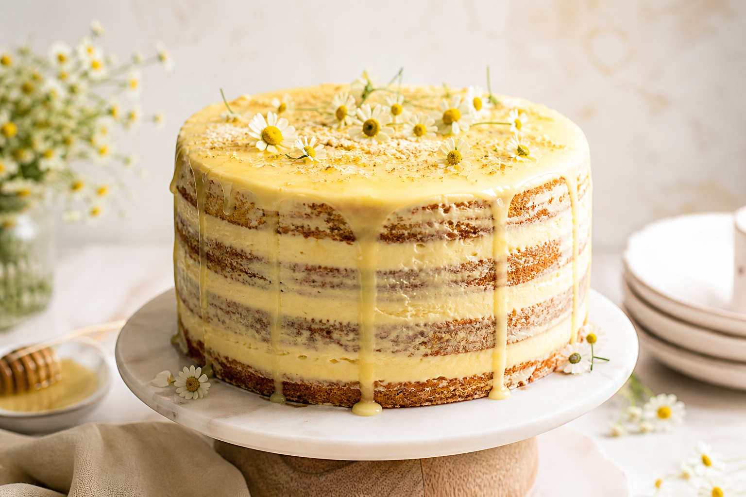 Honey chamomile layer cake with soft frosting.