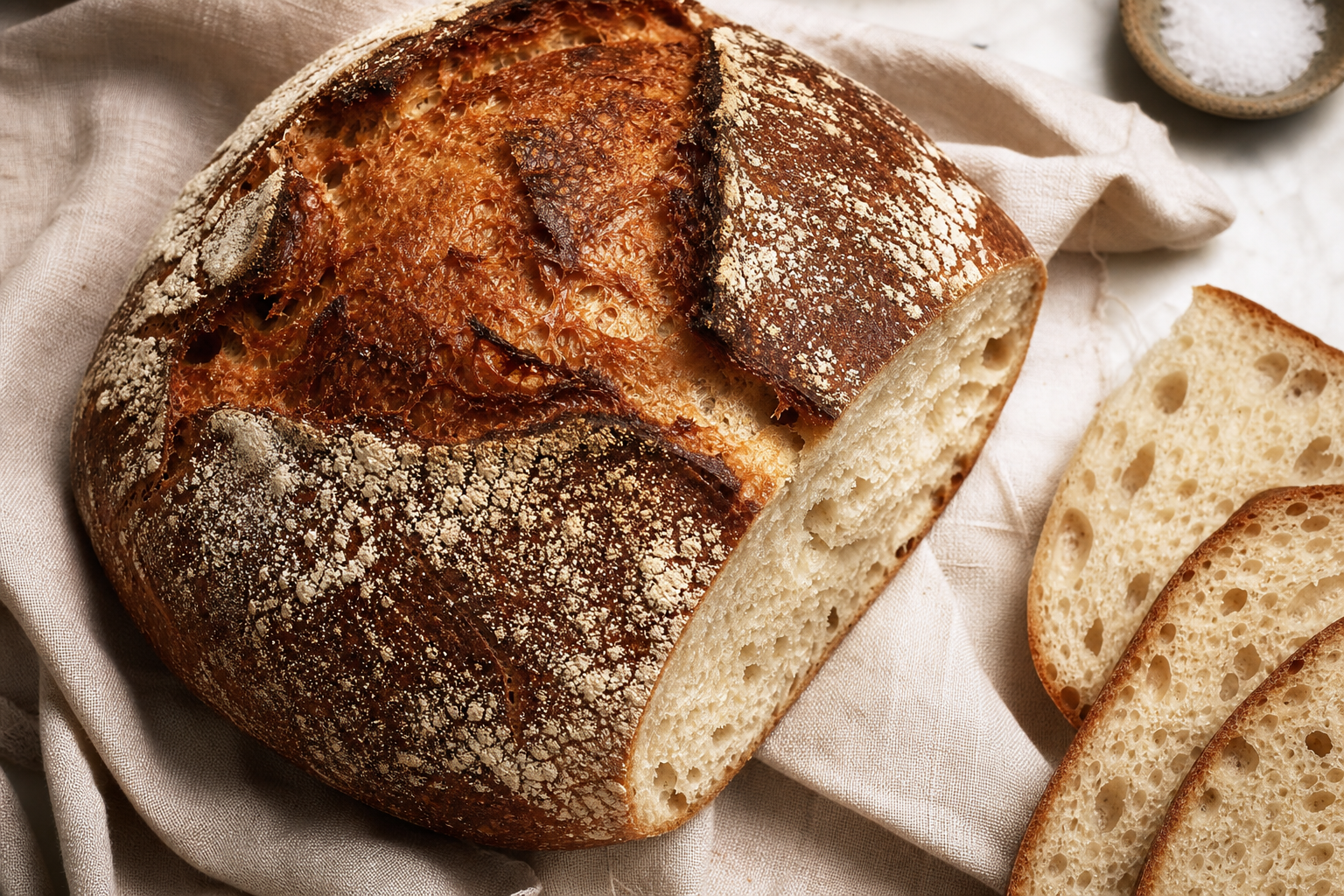 Burnished country sourdough loaf with a dark crackly crust.