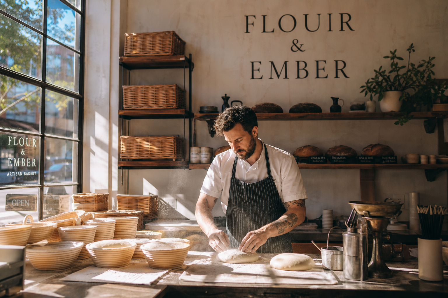 Bakery counter with proofing baskets and hands shaping dough.