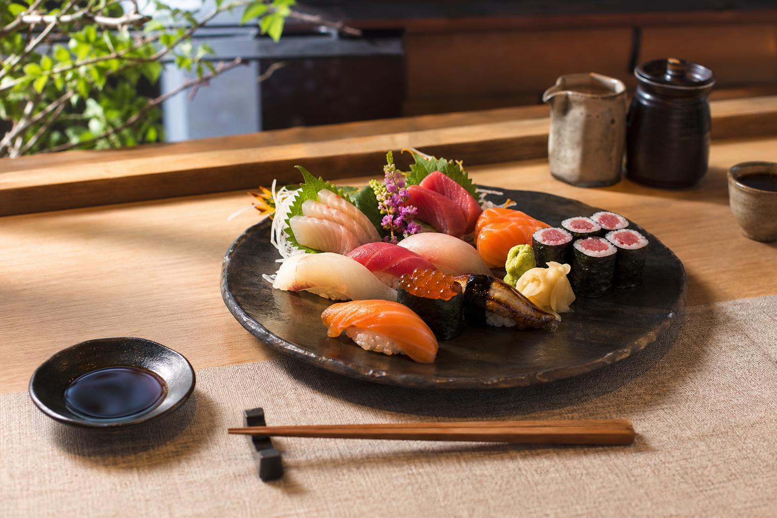Sushi bar counter with warm lighting