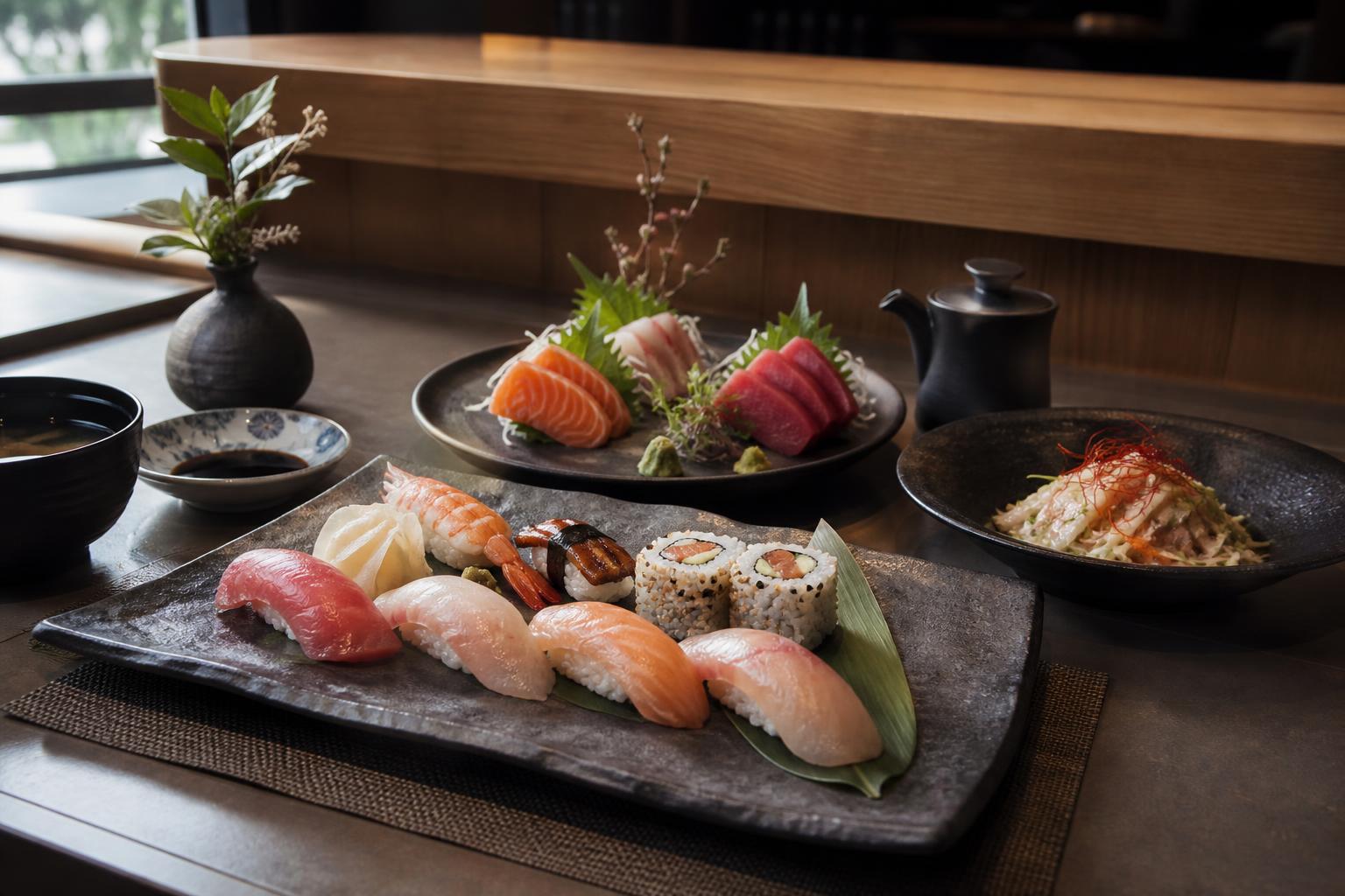 Sushi menu selection on dark ceramic plates