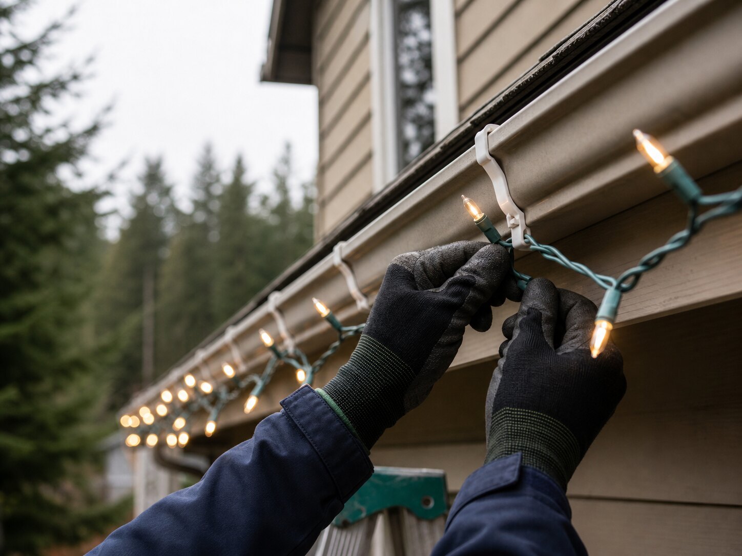 Gloved hands hanging Christmas lights along a home gutter