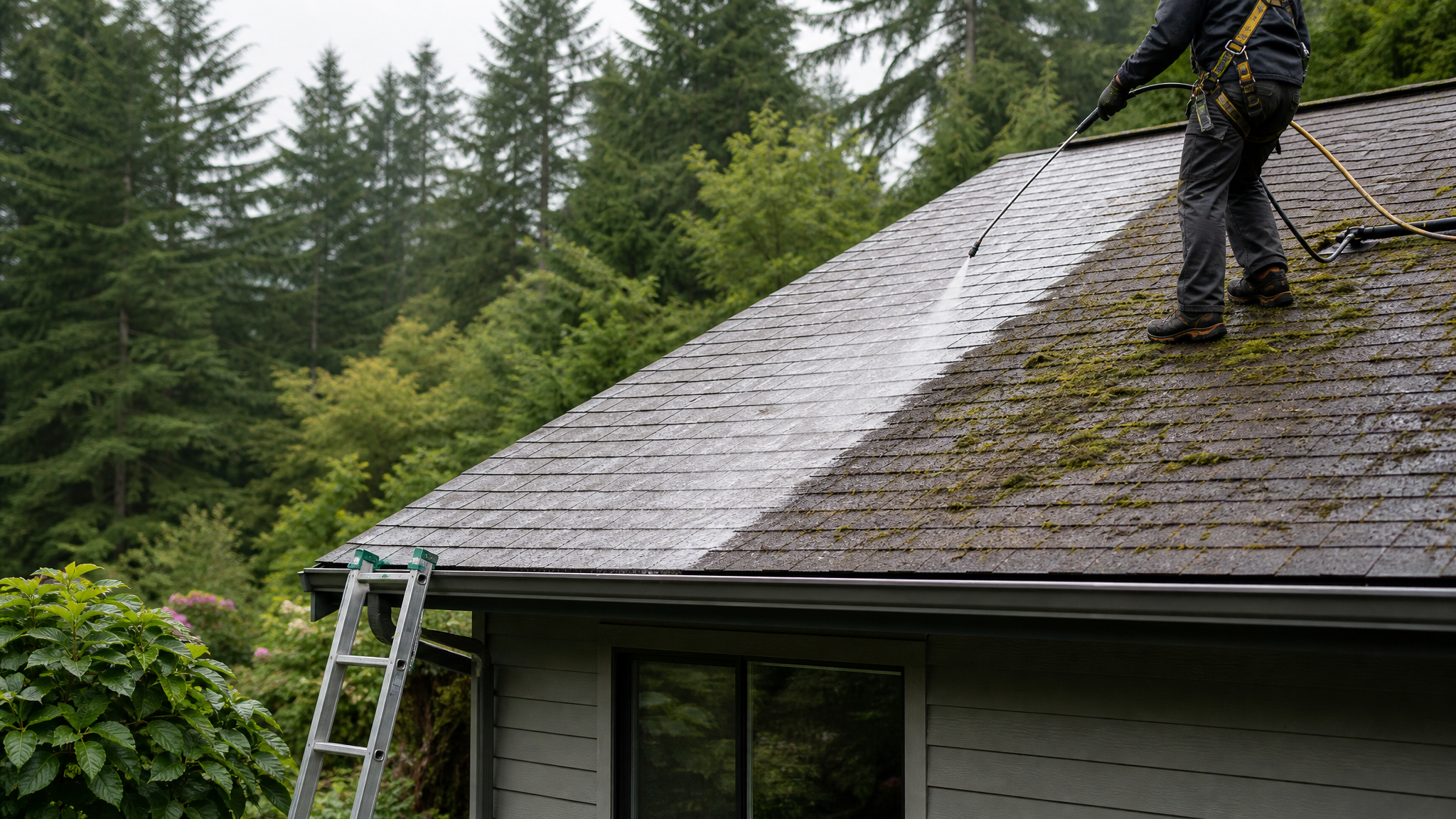 Roof moss removal and roofline care example