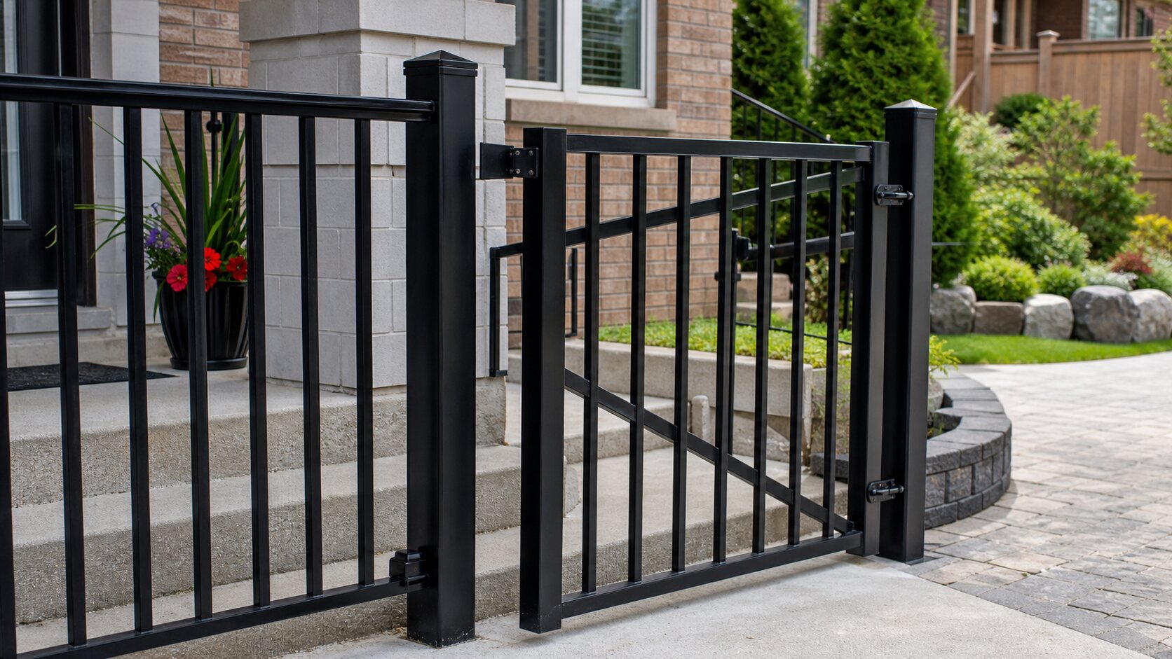 Black metal gate and railing at a residential entrance