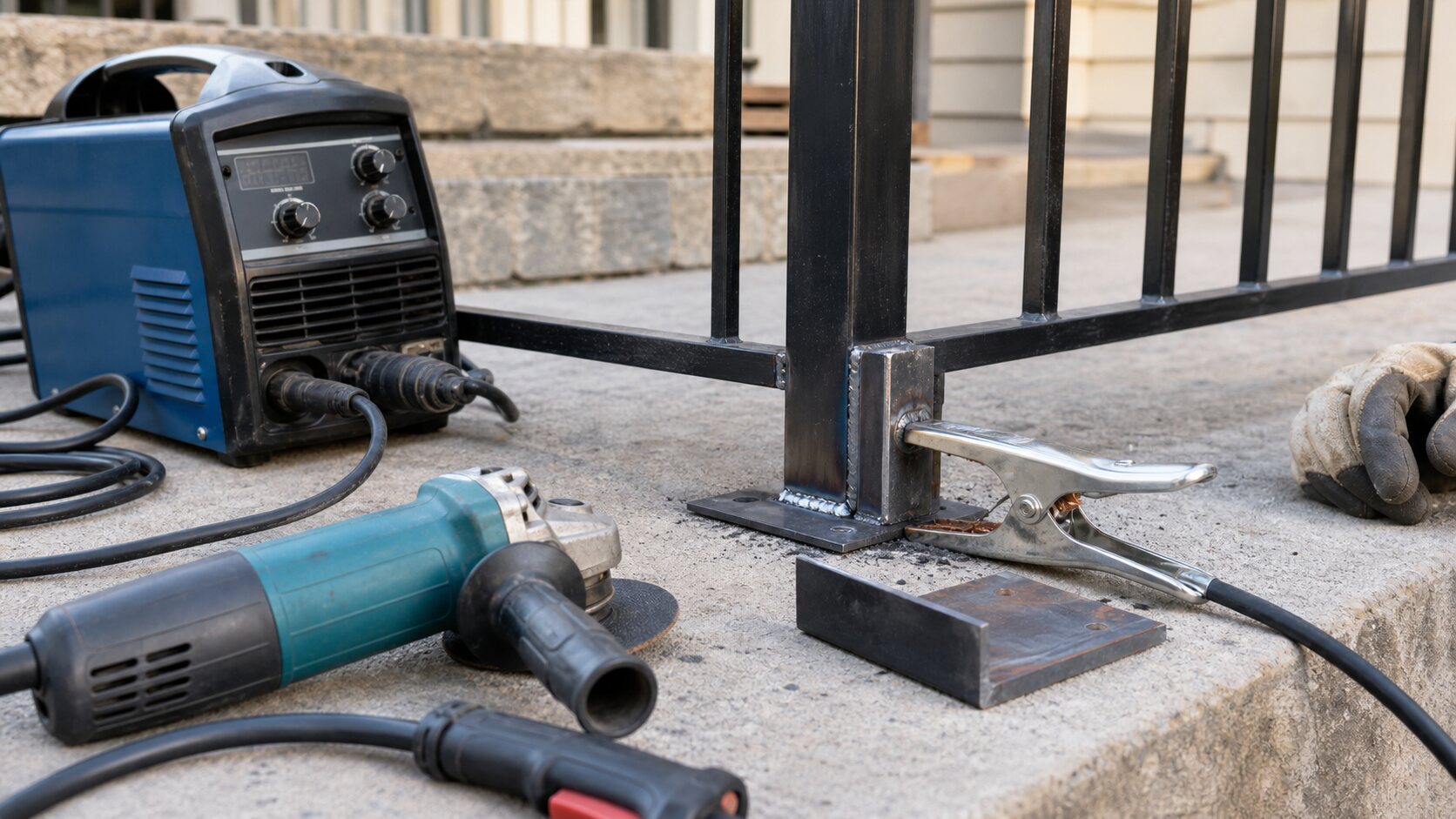 Portable welding equipment and tools beside a railing repair