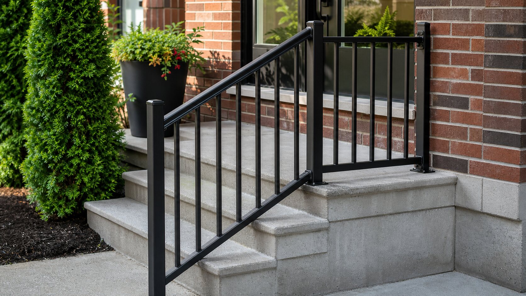 Finished black metal stair railing outside a brick home